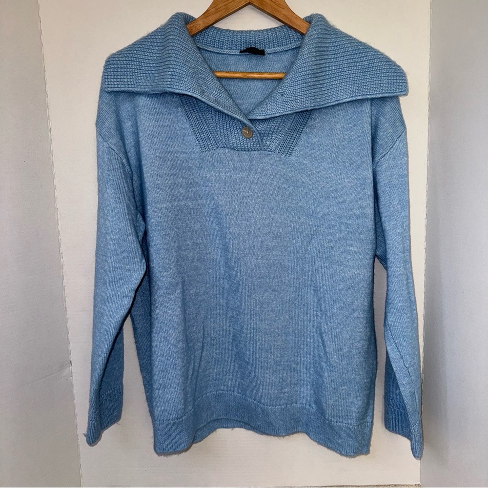 Talbots Breton Button Down Pullover Breezy Blue Chunky Collar Sweater Size Large